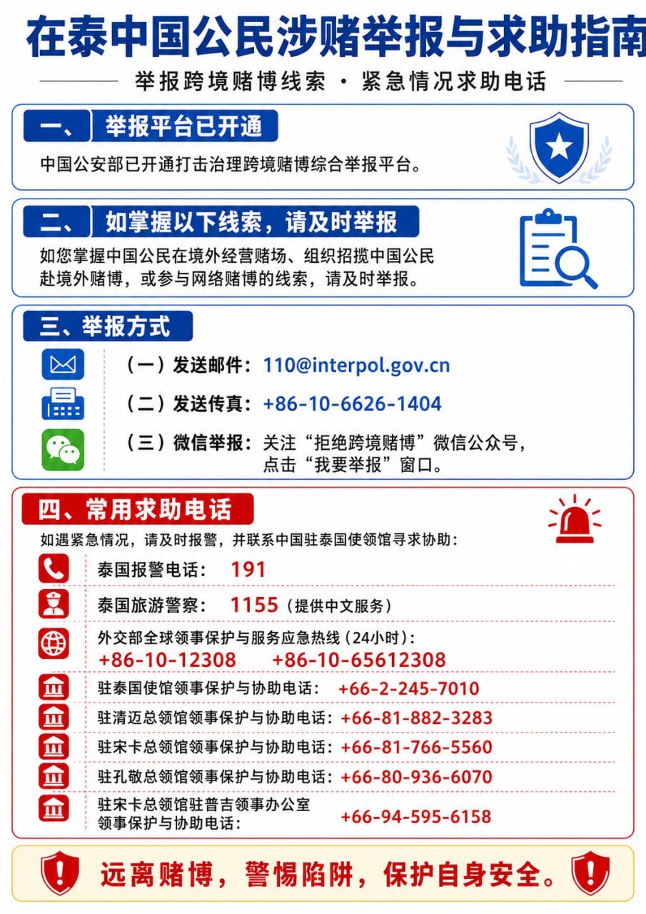 驻泰使馆紧急发文：在泰中国公民远离赌博 警惕高薪招工与杀猪盘陷阱-东南亚警务报道